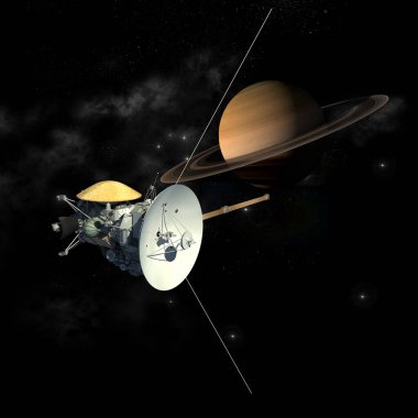 Cassini Huygens 'in uydusuna benzeyen insansız bir uzay aracı Satürn gezegeninin yanından geçiyor..