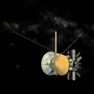 Cassini Huygens uydusuna benzeyen insansız uzay aracı, izolasyon yolu üç boyutlu resimde yer almaktadır..