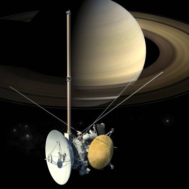 Cassini Huygens 'in uydu uydusuna benzeyen insansız bir uzay aracı Satürn gezegeninin yanından geçiyor ve üç boyutlu resimde yer alan izolasyon yolundan geçiyor. Görüntünün elementleri NASA tarafından desteklenmektedir.