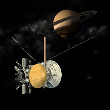 Cassini Huygens 'in uydusuna benzeyen insansız bir uzay aracı Satürn gezegeninin yanından geçiyor..