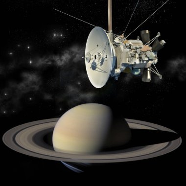 Cassini Huygens 'in uydu uydusuna benzeyen insansız bir uzay aracı Satürn gezegeninin yanından geçiyor ve üç boyutlu resimde yer alan izolasyon yolundan geçiyor. Görüntünün elementleri NASA tarafından desteklenmektedir.