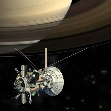 Cassini Huygens 'in uydu uydusuna benzeyen insansız bir uzay aracı Satürn gezegeninin yanından geçiyor ve üç boyutlu resimde yer alan izolasyon yolundan geçiyor. Görüntünün elementleri NASA tarafından desteklenmektedir.
