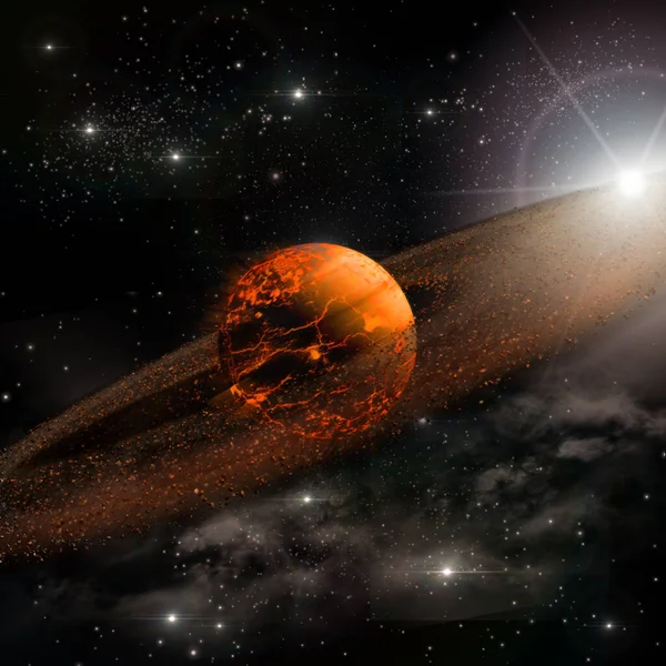 Illustration Exploderande Planet Med Ringar Som Bildar Ett Meteoritfält För — Stockfoto