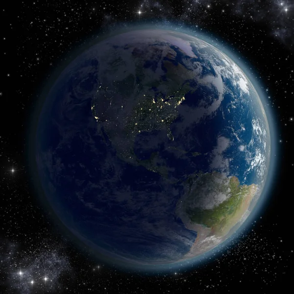 Ilustracja Earth Nocą Nad Ameryką Północną Renderowane Szczegółową Powierzchnią Dla — Zdjęcie stockowe