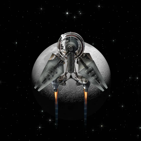 以月球附近的载人航天器作为空间探索背景的三维图解 美国航天局提供的这一图像的要素 — 图库照片