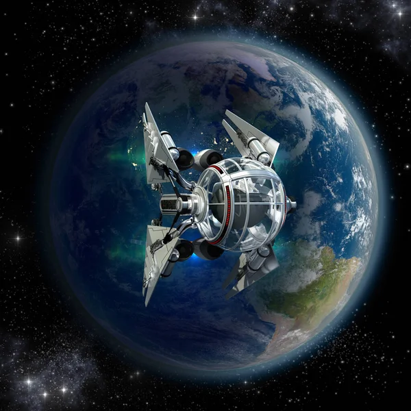 Emberes Űrhajó Világűrben Földdel Illusztrációs Háttérben Kép Elemeit Nasa Bocsátotta — Stock Fotó
