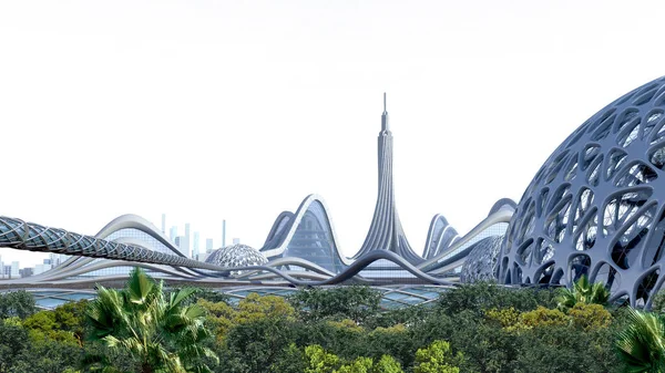 Futurista Skyline Cidade Verde Com Arquitetura Orgânica Paisagem Com Caminho — Fotografia de Stock