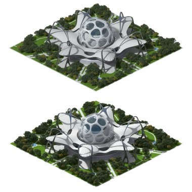 İki açıdan 30 derecelik bir ortografik kamerayla, dimetrik projeksiyonla hazırlanmış bir oyun için 3D fütüristik mimari çizimi. Kırpma yolu dosyaya dahil.