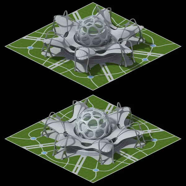 3D futuristic architecture illustration for a tiled game rendered in dimetric projection at 2 to 1 pixel ratio, with a 30 orthographic camera from 2 angles. The clipping path is included in the file.