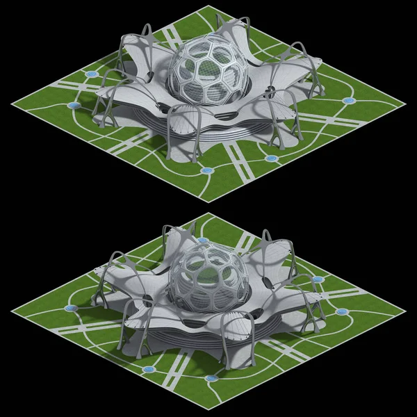 Futuristic architecture for a square tiled game rendered in dimetric projection at 2 to 1 pixel ratio, with a 30 orthographic corner camera from 2 angles. The clipping path is included in the 3D illustration.