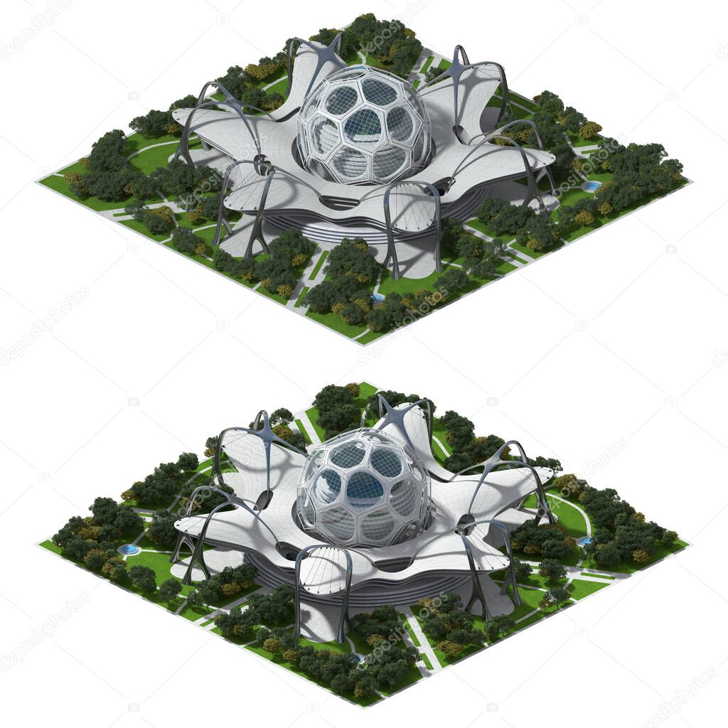 3D futuristic architecture illustration for a tiled game rendered in dimetric projection, with a 30 degree orthographic camera from 2 angles. The clipping path is included in the file.
