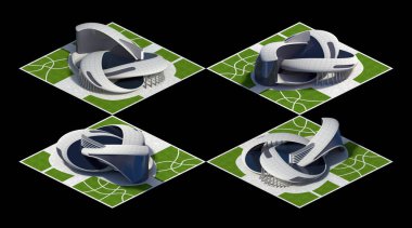 Futuristic architecture for a square grid tiled game, rendered in dimetric projection from all 4 corners. The clipping path is included in the 3D illustration.