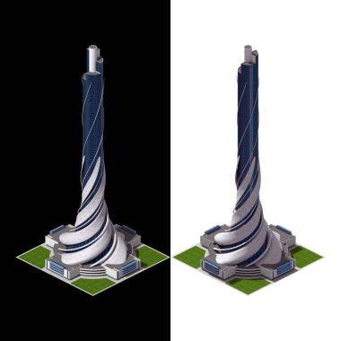 Futuristic architecture for a square tiled game rendered in dimetric projection at 2-1 pixel ratio, with a 30 orthographic corner camera from 2 angles. The clipping path is included in the 3D illustration