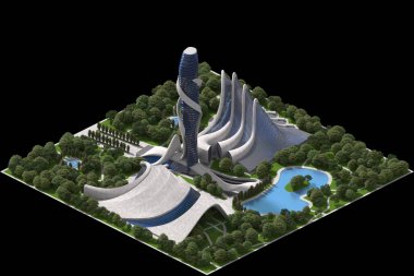 Landscaped futuristic architecture 3d illustration for a tiled game rendered in dimetric projection with a 30 degree orthographic camera and clipping path included in the file.