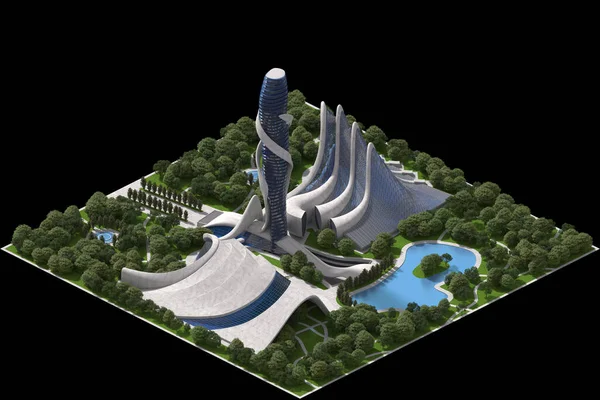 Landscaped Futuristic Architecture Illustration Tiled Game Rendered Dimetric Projection Degree — Photo