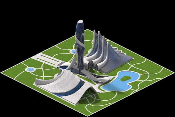 Futuristic Architecture Model Tiled Game Rendered Dimetric Projection Degree Orthographic — 图库照片