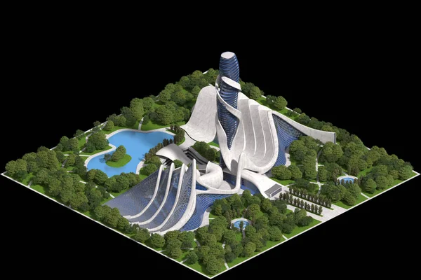 Landscaped Futuristic Architecture Illustration Tiled Game Rendered Dimetric Projection Degree — Stock Fotó