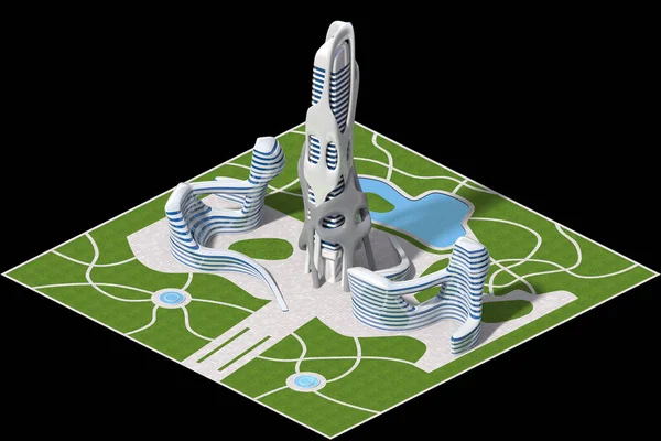 Futuristic city architecture with organic structures, for a square grid tiled game or science fiction graphic backgrounds. The clipping path is included in the 3D illustration.