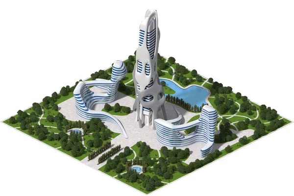Futuristische Architektur Quadratisch Gekacheltes Spiel Dimetrischer Projektion Mit Einer Isometrischen — Stockfoto