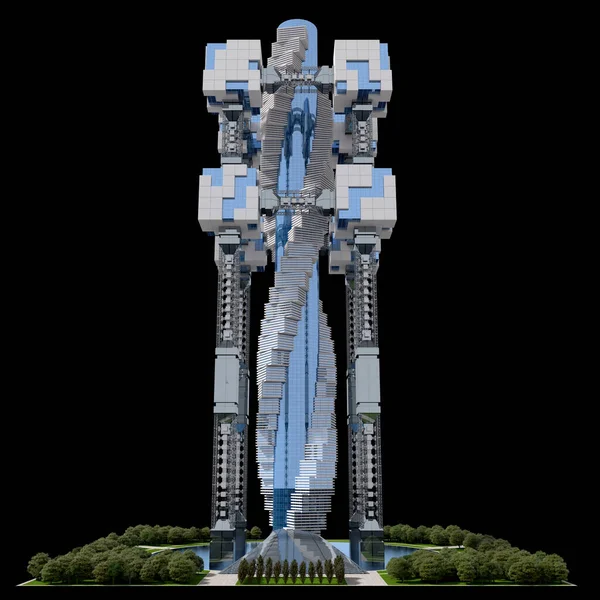 具有游戏背景或科幻小说城市景观的美化广场的未来式高层建筑 采用3D插图中包含的快捷方式绘制 — 图库照片
