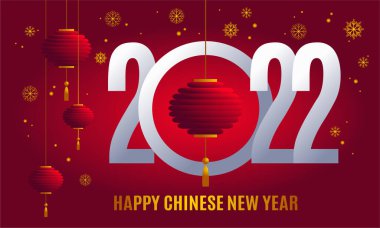 Happy Chinese New Year 2022. Template poster, card, invitation for party with Chinese lanterns on isolated red background