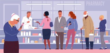 People queue at the pharmacy. A courteous pharmacist serves customers. People hold recipes in their hands. Old woman examines the drug after purchasing. Colored vector illustration in flat
