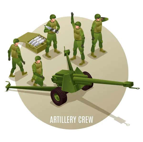 Artillery Gunners Firing Howitzer Vector Illustration Isometric Icons Isolated Background — 스톡 벡터