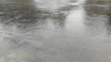 Gri asfalta düşen yağmur damlaları.