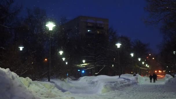 De nachtsteeg van het stadsplein wordt verlicht door lantaarns. Zware sneeuwval. — Stockvideo