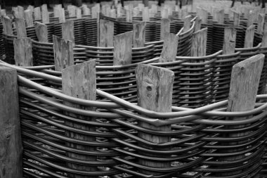 Birbirine dolanmış plastik boruların ahşap çit direkleri üzerine seçici odaklanma. 