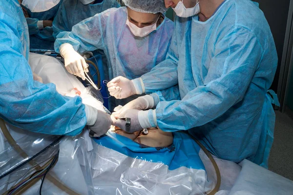 Un equipo de cirujanos sutura la piel de los pacientes. — Foto de Stock