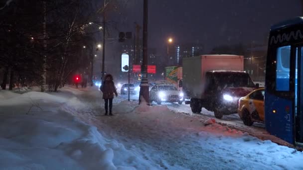 女の子は車のヘッドライトの中で雪の中、道路に沿って歩く. — ストック動画