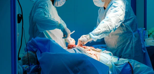 Dos cirujanos con uniformes azules operan a un paciente en una mesa de operaciones. — Foto de Stock