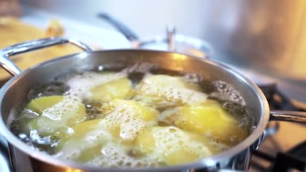 Batatas cozidas em água fervente em uma panela em um fogão a gás. — Vídeo de Stock