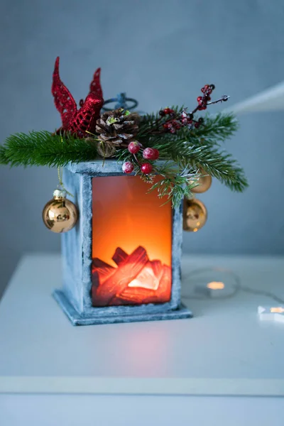 Christmas lantern made of wood stands on the table — Foto Stock