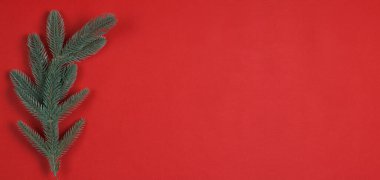 Kırmızı arka planda ladin dalı. Yılbaşı kartı..