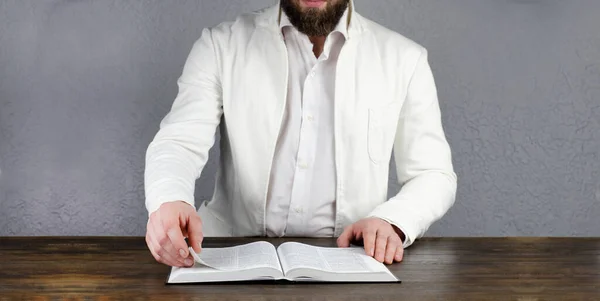 Man Jacket Holds Book Open Book Bible Young Businessman Prayer — Stock Photo, Image