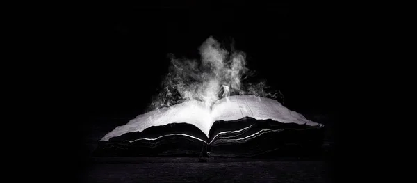 Old Book Open Bible Antique Book Dark Background Smoke Book — Stockfoto