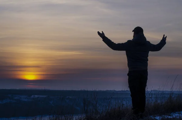 Prayer Repentance Man His Hands Raised Sky Pray God Worship — Fotografia de Stock