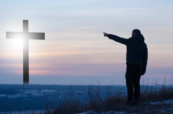 Cruz Crucifixión Jesús Silueta Hombre Cerca Cruz Oración Arrepentimiento Por — Foto de Stock