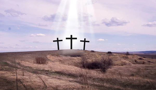 Cruz Jesus Crucifixo Contra Céu Páscoa Três Cruzes Jesus Ressuscitou — Fotografia de Stock