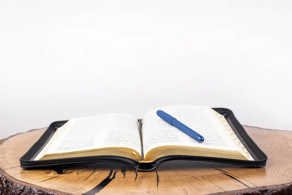 Bible Open Bible Table Holy Book Wooden Background Scripture Gospel — Stockfoto