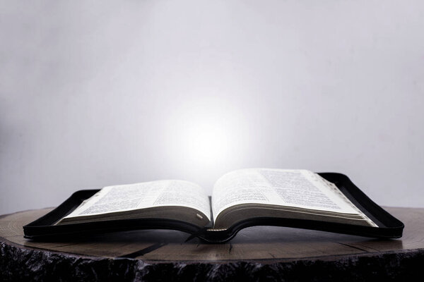 Open Bible. Holy Scripture. Light from a book. Gospel