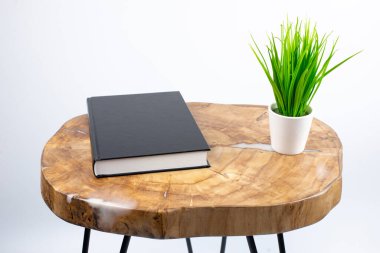 Tahta masa dairesi. Kitap masanın üzerindedir. Saksı. Beyaz bir arkaplanda