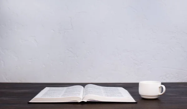 Open Holy Bible Table Prayer Cup Coffee — Stock Photo, Image