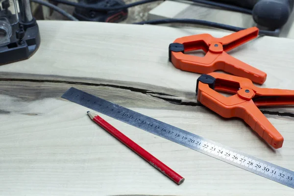 Clamps Carpentry Workshop Carpentry Clamps Workplace Ruler Pencil — стоковое фото