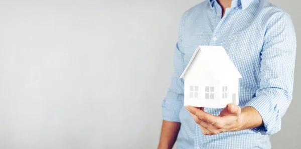 Miniature House Man Holds Model House His Hands Home Insurance — Photo