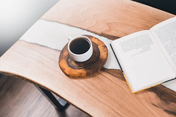 Cup Coffee Table Epoxy Open Book Morning Book Reading — Stock Photo, Image