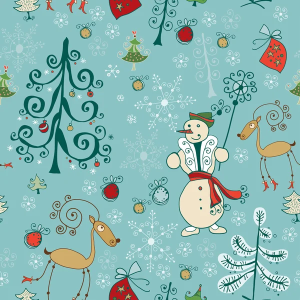 Kerstmis hand getrokken textuur met schattige santa herten, doodle sneeuwpop — Stockvector