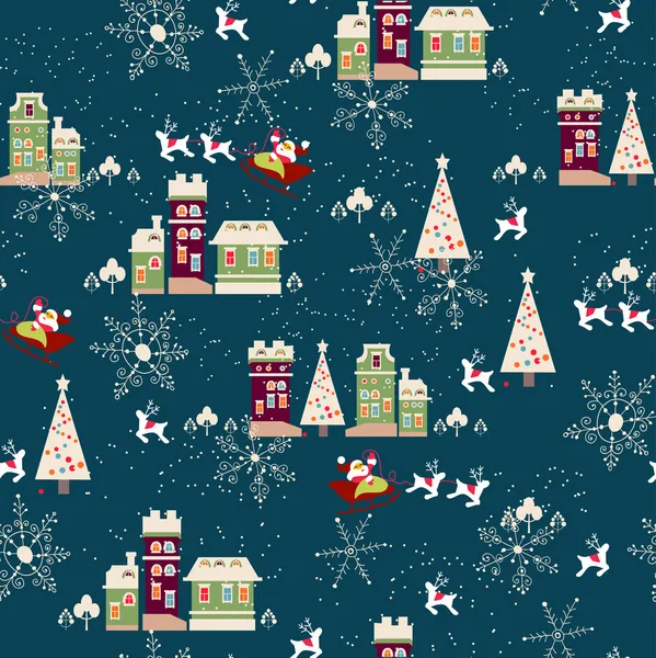 Winter Christmas seamless pattern with houses and trees — Stock Vector